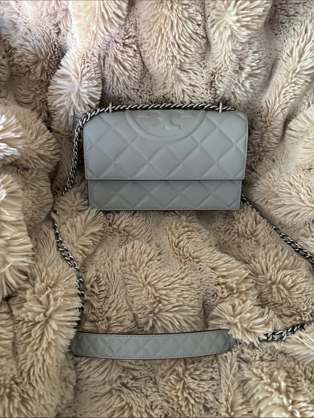 Tory Burch Quilted Leather Chain Crossbody in Light Gray